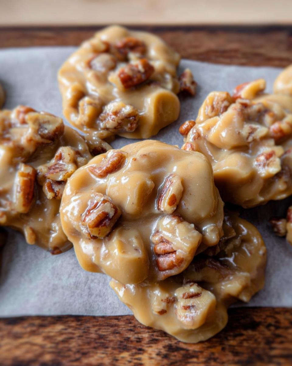 Close-up of several pecan pralines. These are homemade pecan pralines with a creamy caramel coating and pecan pieces.