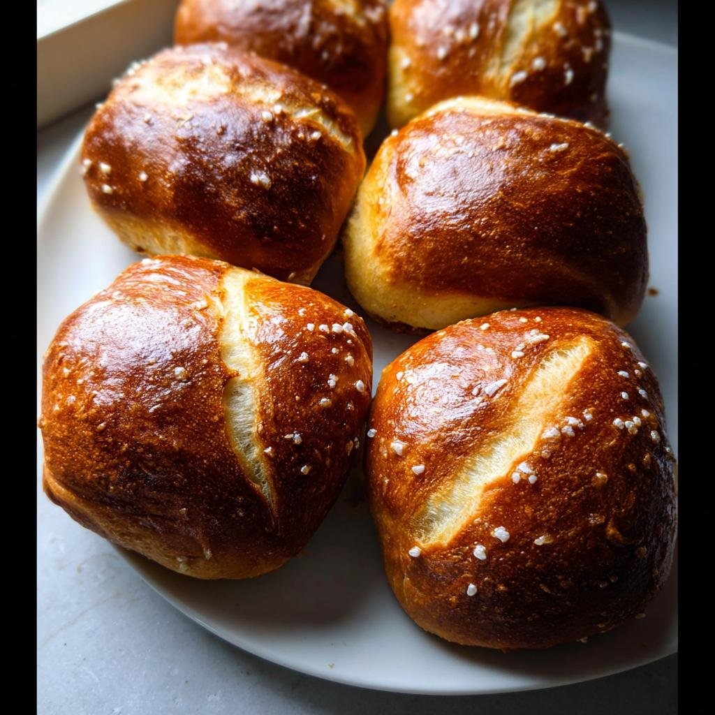 Five golden-brown pretzel rolls with a visible chewy crust and coarse salt sprinkled on top.