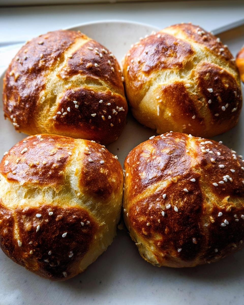 Four golden-brown pretzel rolls with a chewy crust and sprinkled with coarse salt.