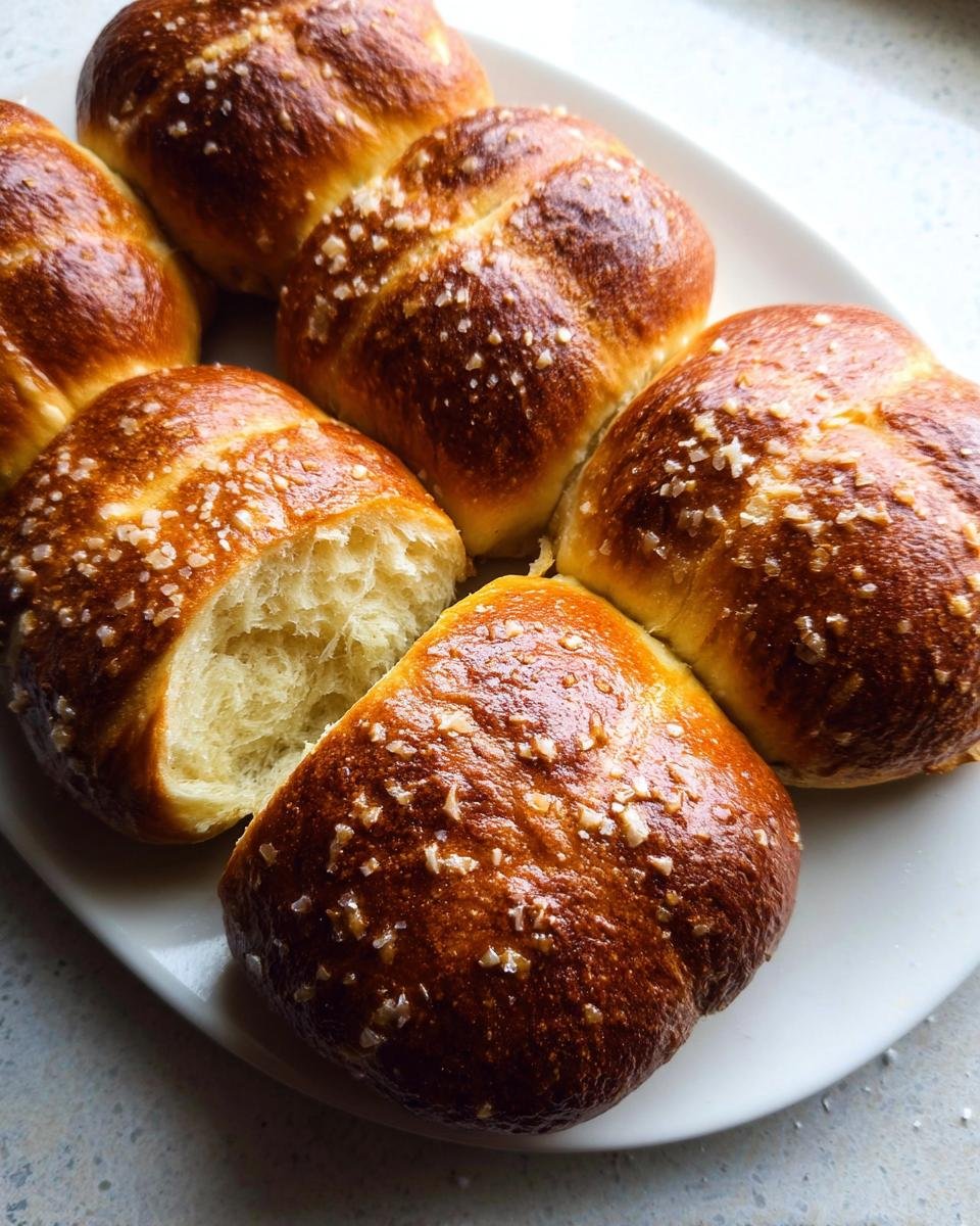 A plate of golden-brown baked pretzel rolls, one split open showing the soft interior and chewy crust.