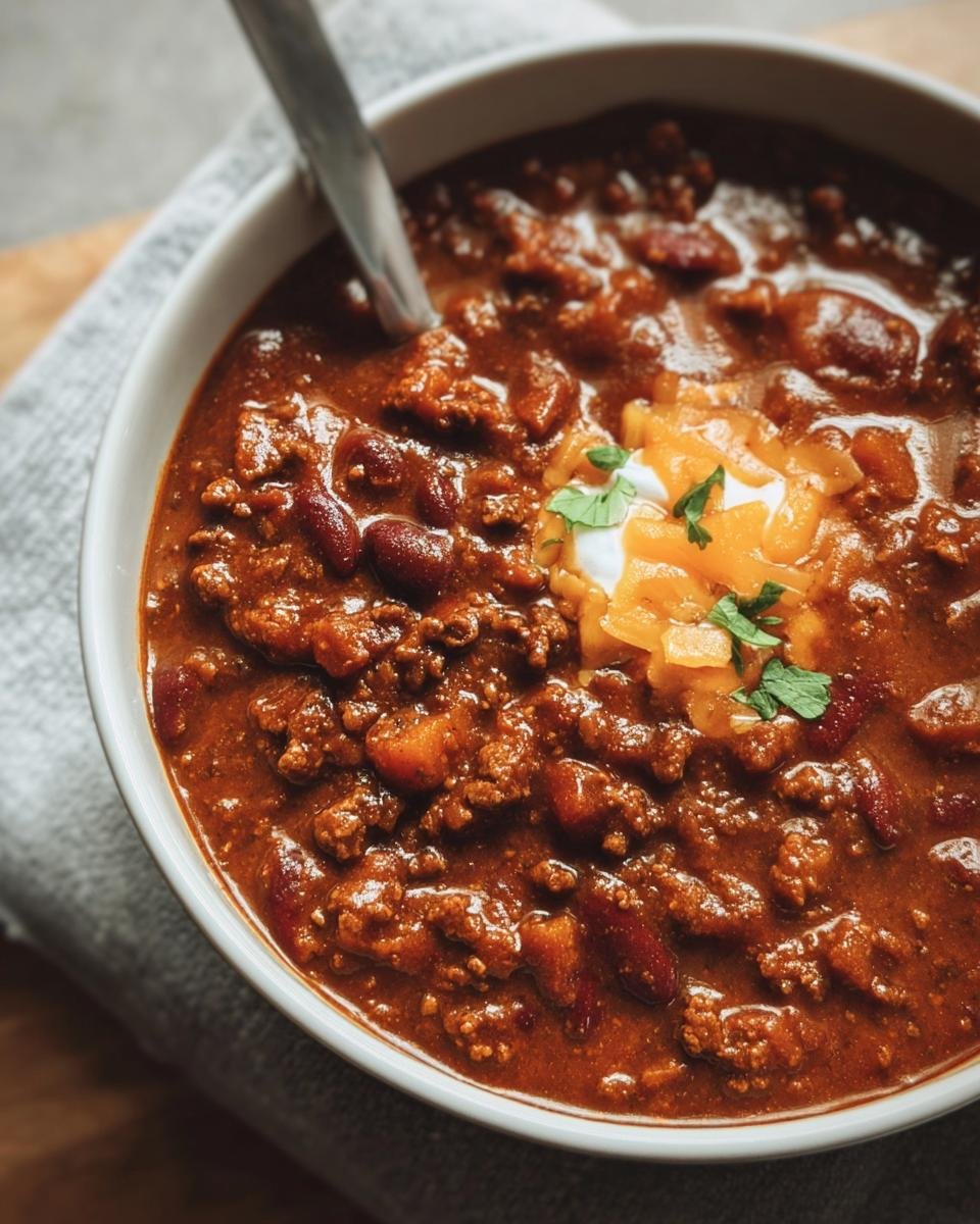 A bowl of Pumpkin Chili, topped with cheese, sour cream, and parsley, showcasing the rich texture and ingredients.