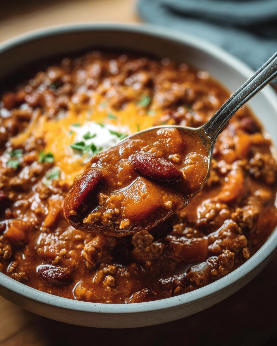Close-up of a spoonful of Pumpkin Chili with beans, pumpkin, and ground meat.