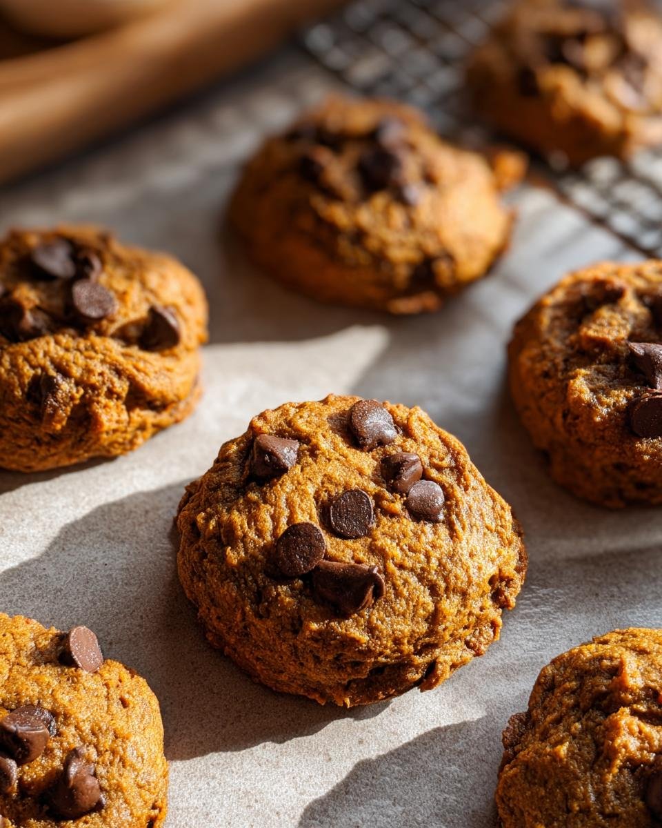 Close-up of freshly baked Pumpkin Chocolate Chip Cookies on parchment paper.