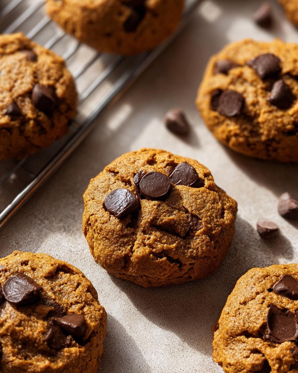 Close-up of homemade Pumpkin Chocolate Chip Cookies cooling on a rack, with scattered chocolate chips.