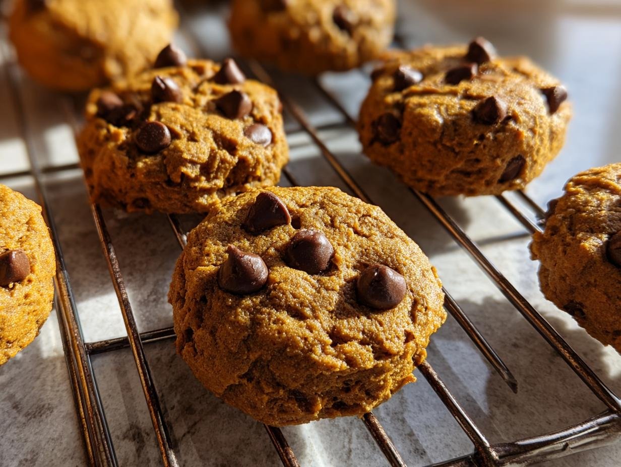 Close-up of freshly baked Pumpkin Chocolate Chip Cookies cooling on a wire rack.