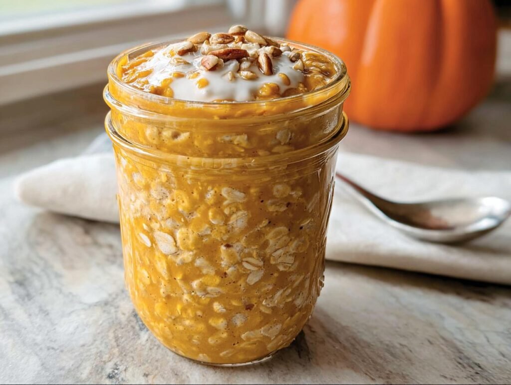 A glass jar filled with creamy, orange Pumpkin Overnight Oats topped with yogurt and seeds.