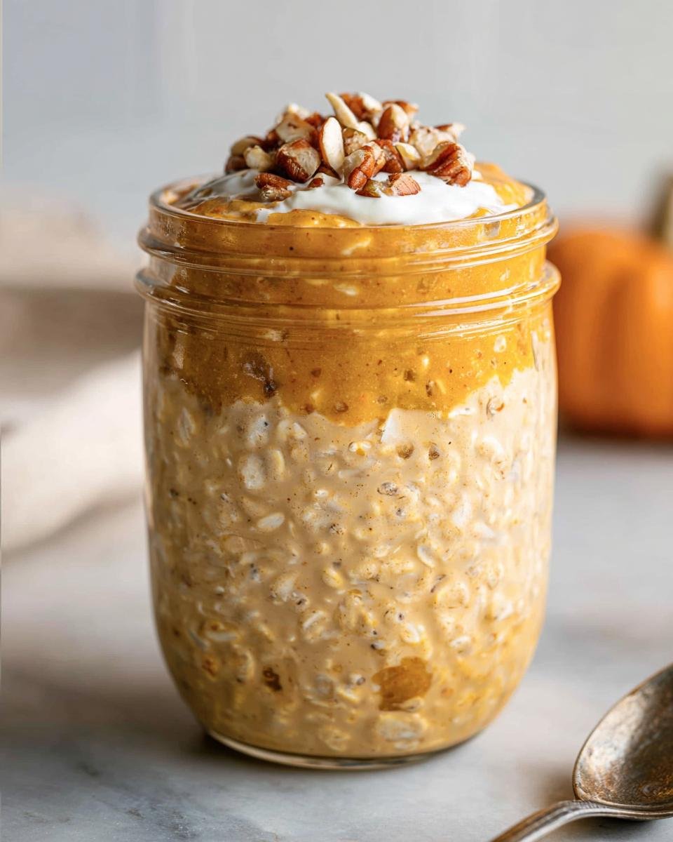 Close-up of Pumpkin Overnight Oats layered in a mason jar, topped with yogurt and chopped pecans.