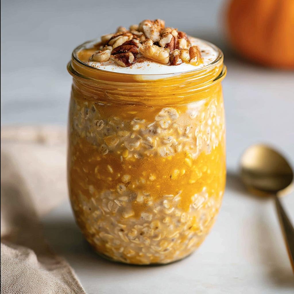 A glass jar filled with layered Pumpkin Overnight Oats, topped with yogurt, pecans, and cinnamon.