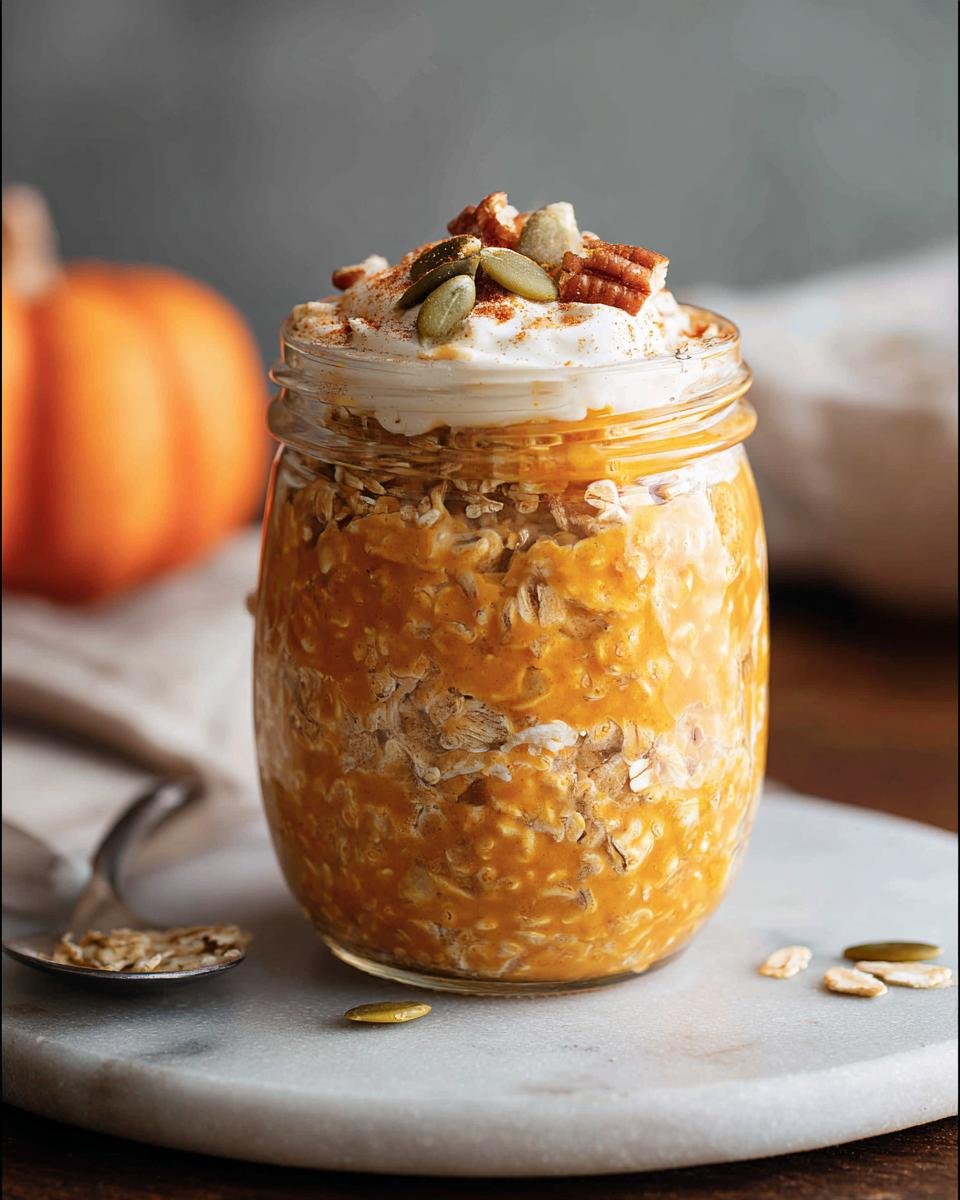 A glass jar filled with orange Pumpkin Overnight Oats, topped with cream, pecans, and pumpkin seeds.