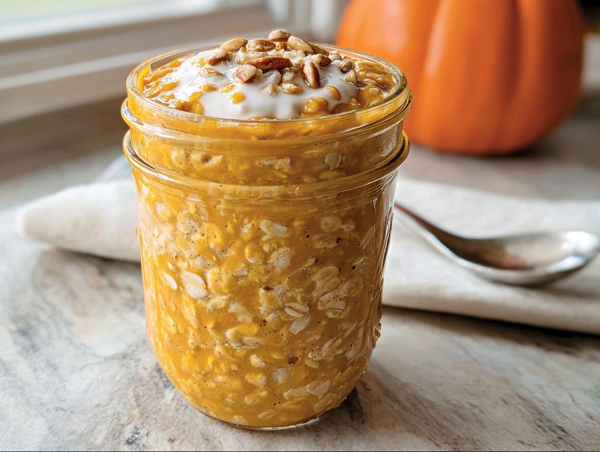 A glass jar filled with creamy, orange Pumpkin Overnight Oats topped with yogurt and seeds.
