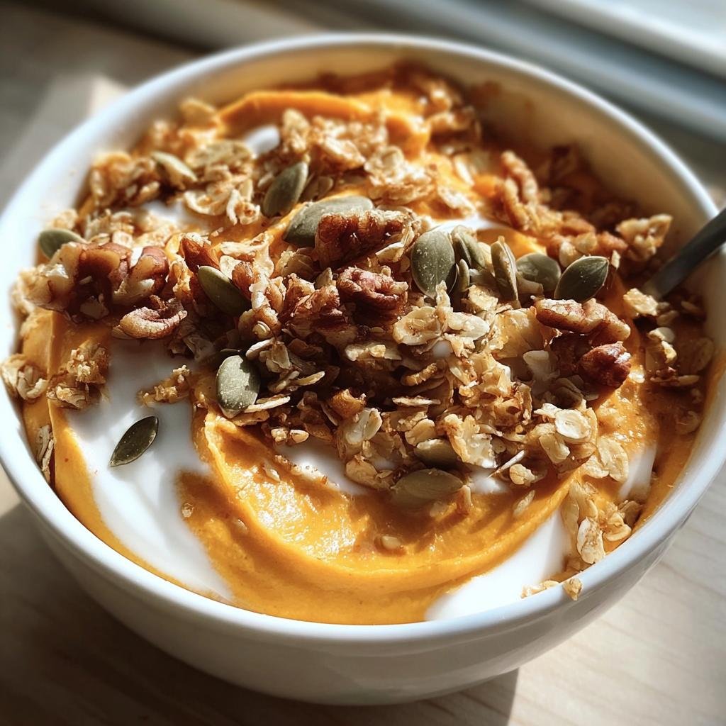 A close-up of a vibrant Pumpkin Pie Yogurt Bowl topped generously with crunchy granola, pecans, and pumpkin seeds.