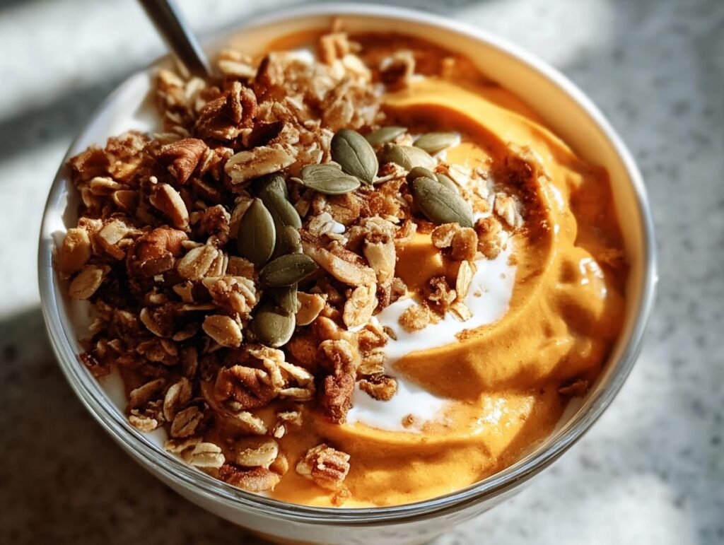 A close-up of a vibrant Pumpkin Pie Yogurt Bowl topped generously with crunchy granola and pumpkin seeds.