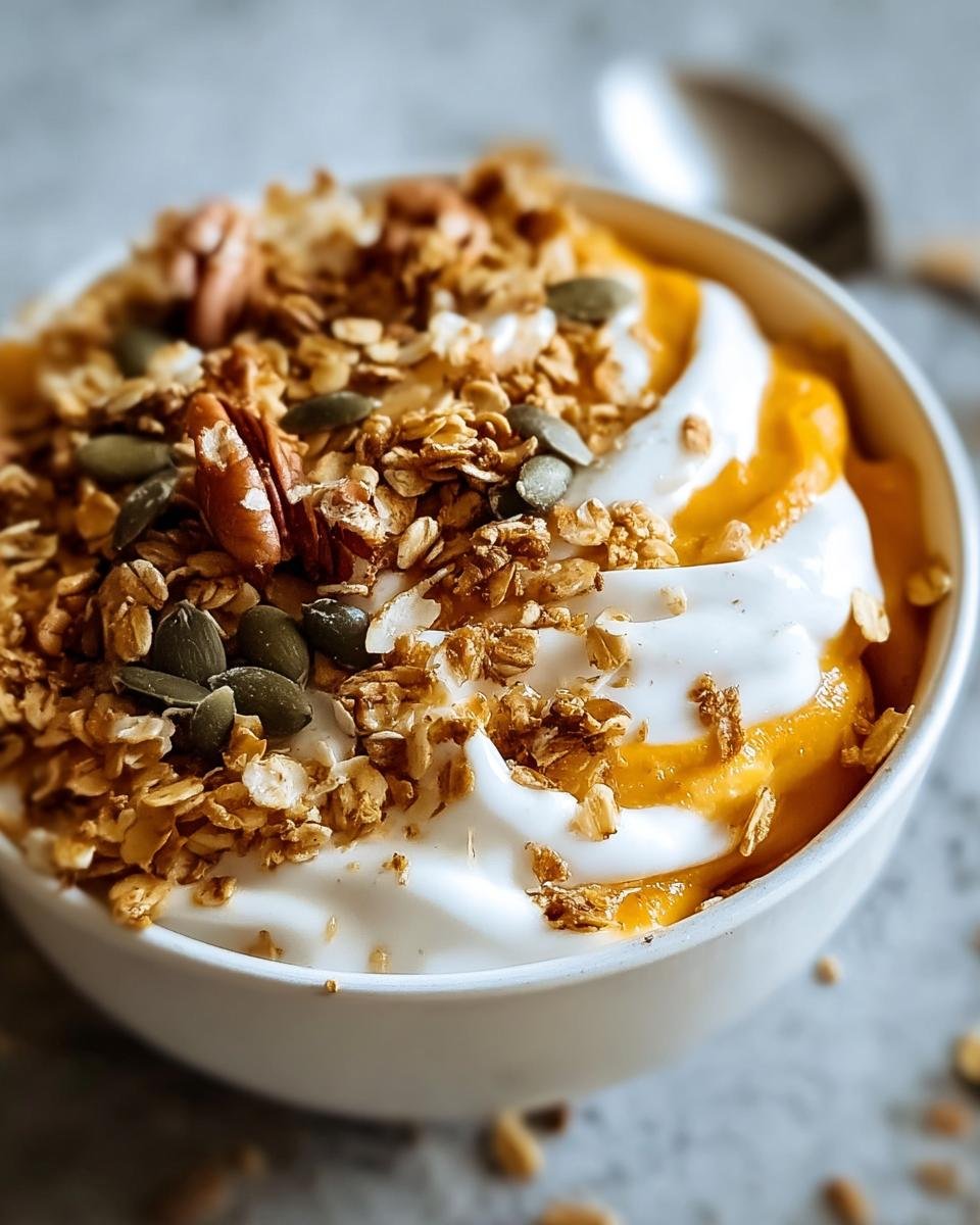 A close-up of a Pumpkin Pie Yogurt Bowl featuring swirls of orange pumpkin puree and white yogurt, topped generously with granola, pecans, and pumpkin seeds.