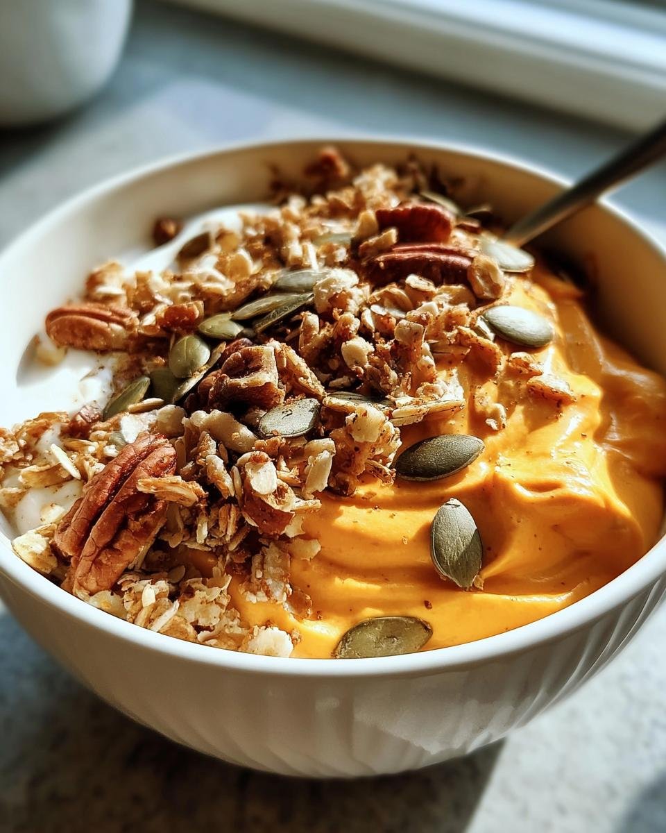 A close-up of a Pumpkin Pie Yogurt Bowl topped generously with crunchy granola, pecans, and pumpkin seeds.