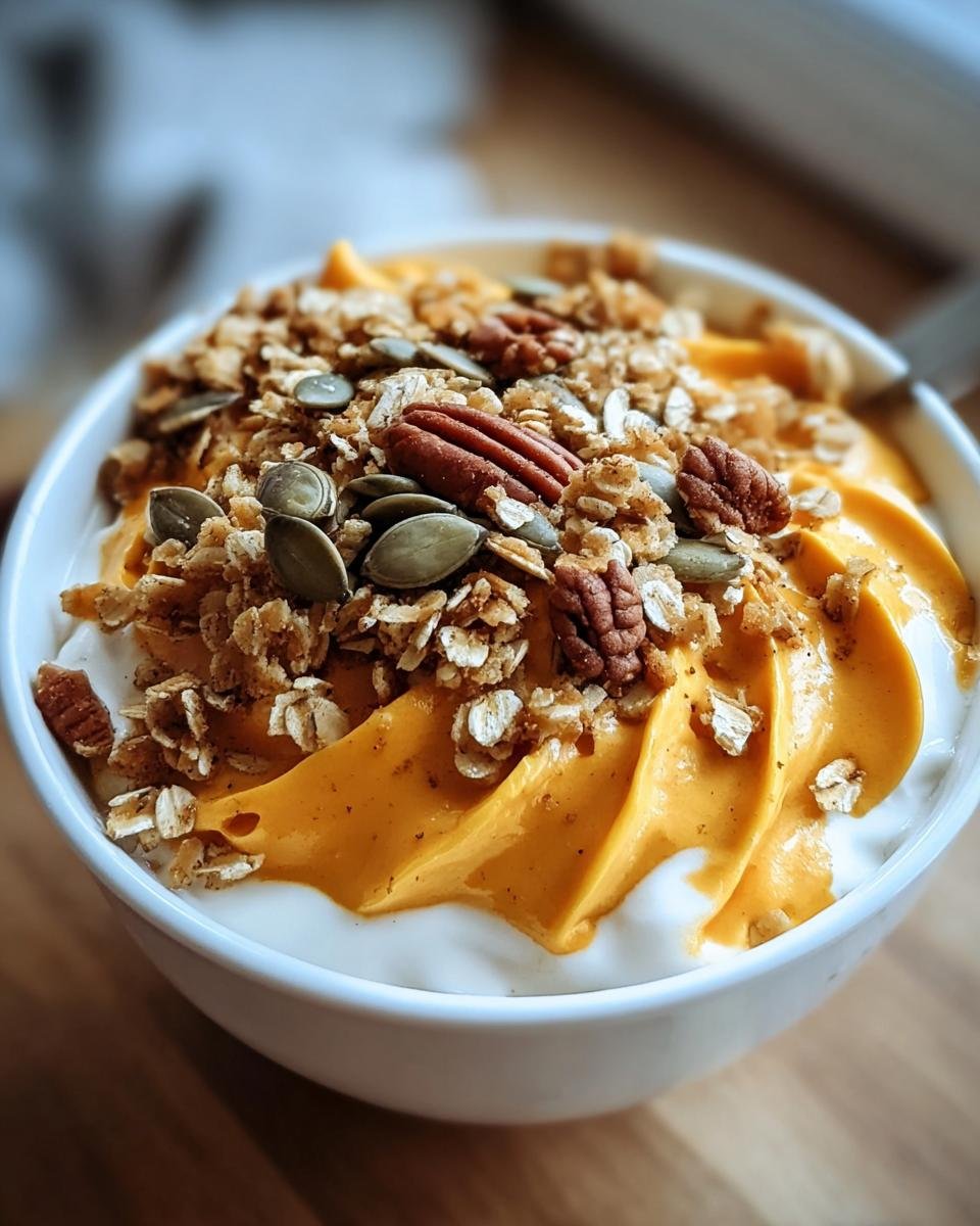 Close-up of a Pumpkin Pie Yogurt Bowl featuring thick orange pumpkin swirl over white yogurt, topped with granola, pecans, and pumpkin seeds.