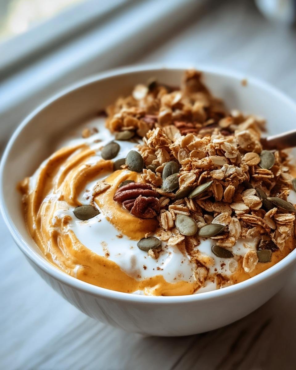 A close-up of a Pumpkin Pie Yogurt Bowl featuring swirls of orange pumpkin puree and white yogurt, topped with granola, pumpkin seeds, and a pecan.