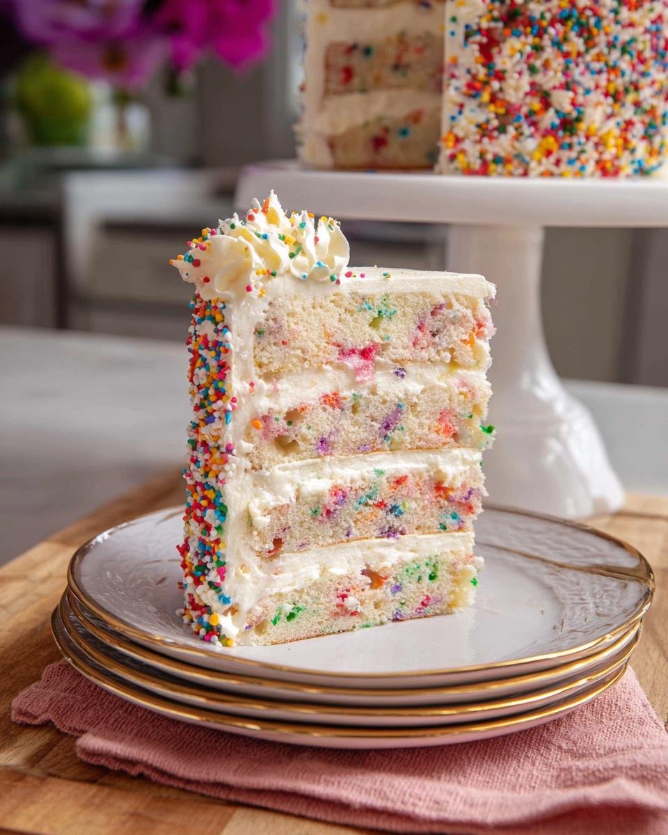 A tall slice of Rainbow Funfetti Birthday Cake with three layers, white frosting, and colorful sprinkles.