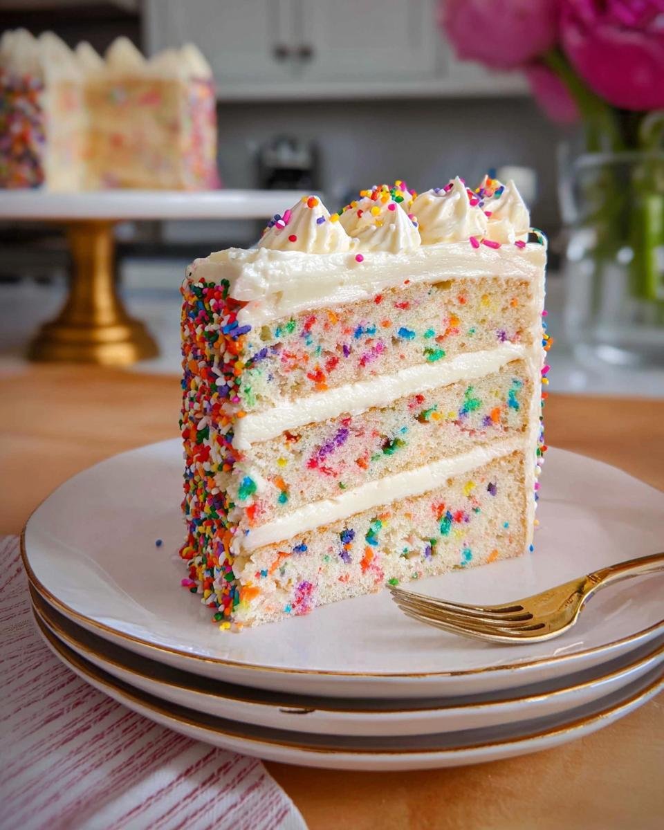 A tall slice of Rainbow Funfetti Birthday Cake showing three layers of confetti cake and white frosting, covered in colorful sprinkles.