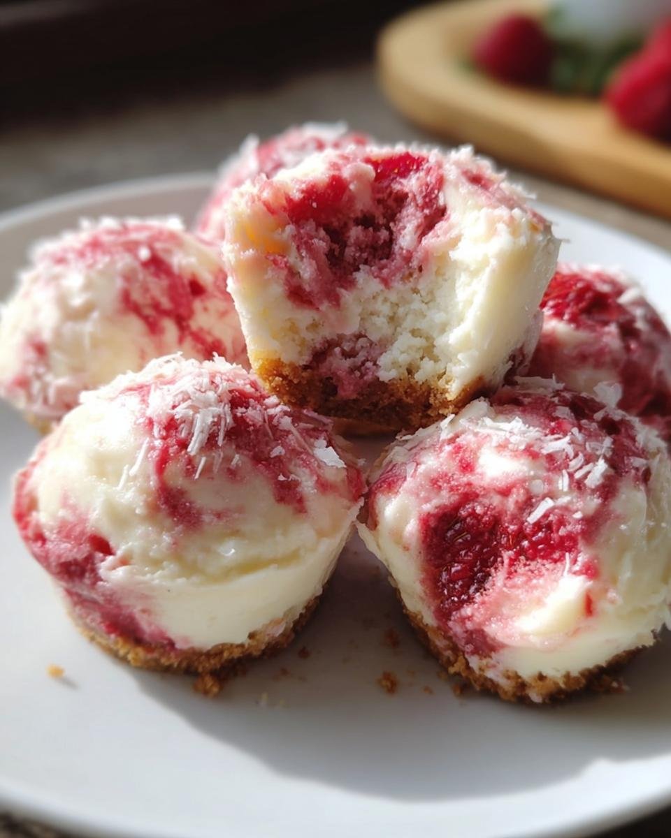 A plate of homemade Raspberry Cheesecake Bites, featuring a graham cracker crust and raspberry swirl.