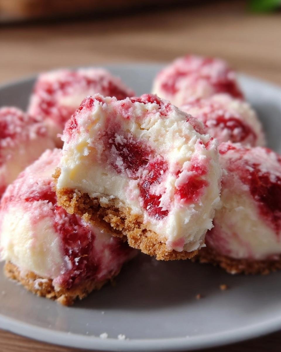 Close-up of Raspberry Cheesecake Bites on a plate, showing the raspberry swirl and graham cracker crust.