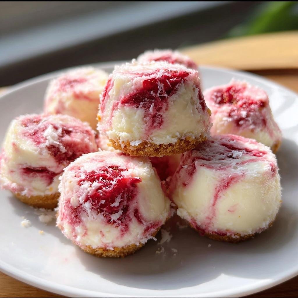 A plate of homemade Raspberry Cheesecake Bites with a graham cracker crust and raspberry swirl.