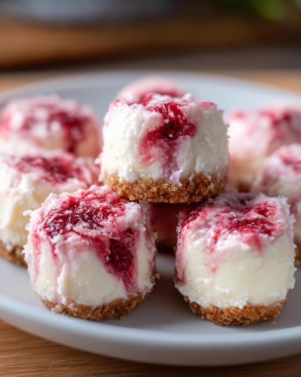 A stack of homemade Raspberry Cheesecake Bites on a plate, featuring a graham cracker crust and raspberry swirl topping.