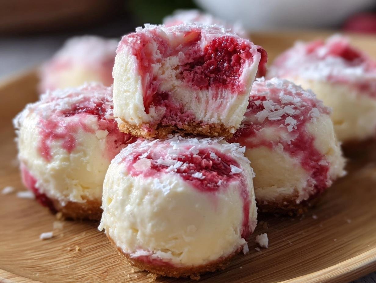 A tempting stack of Raspberry Cheesecake Bites, topped with coconut flakes and raspberry drizzle, on a wooden plate.