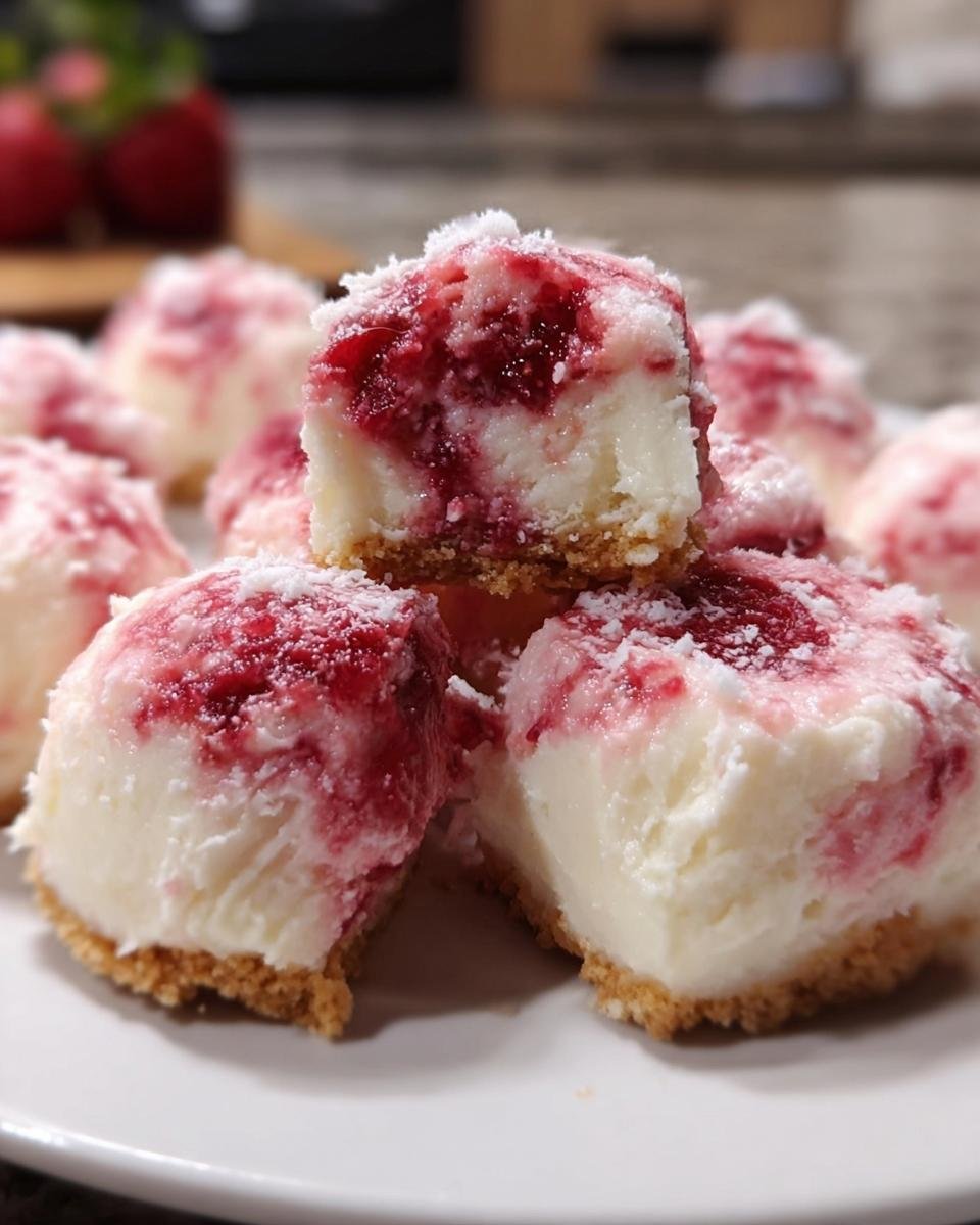 A close-up of homemade Raspberry Cheesecake Bites, showing the crust, creamy filling, and raspberry swirl.