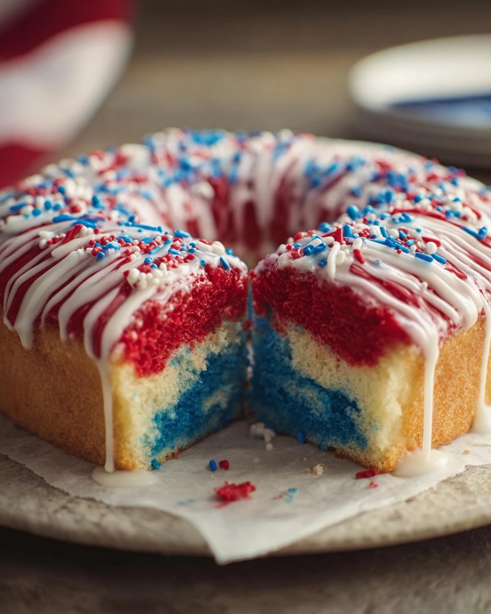 A cross-section view of a Red White and Blue Sheet Cake showing red, white, and blue layers, topped with white glaze and sprinkles.