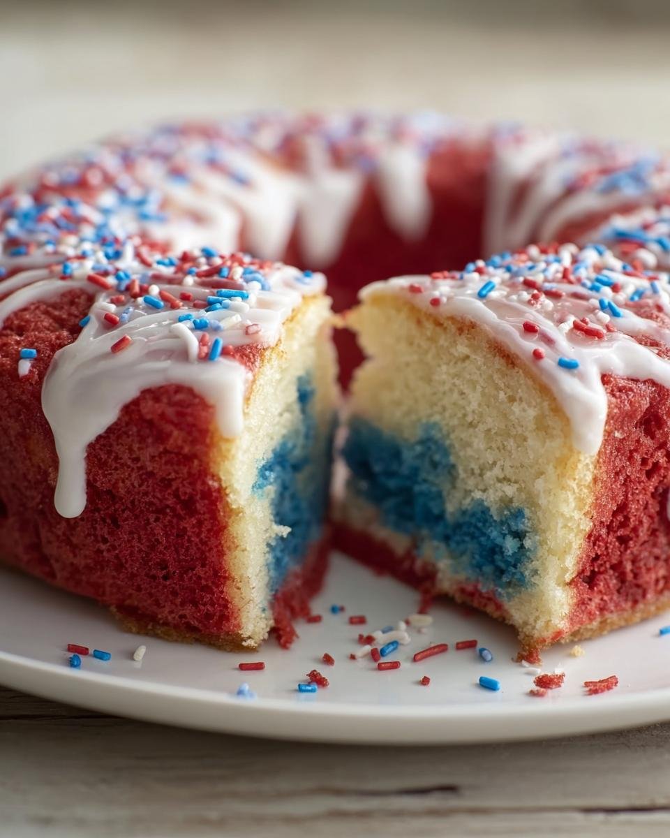 Close-up of Red White and Blue Sheet Cake cut in half showing red, white, and blue interior layers with white glaze and sprinkles.