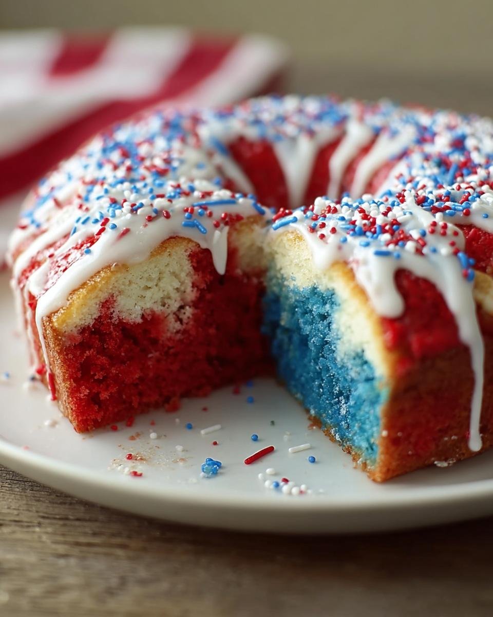 A slice cut from a Red White and Blue Sheet Cake showing red and blue layers, topped with white glaze and patriotic sprinkles.