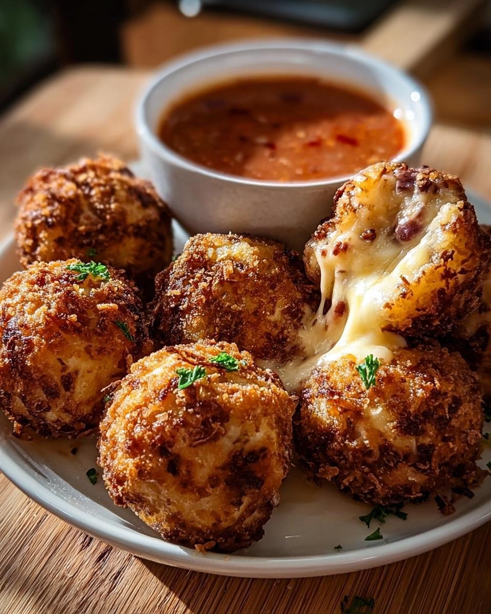 Golden fried Reuben Balls with Spicy Sauce on a plate, one with melted cheese oozing out.