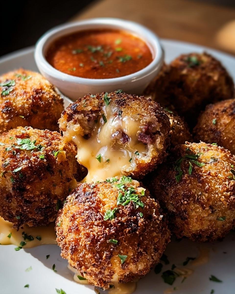 Close-up of golden fried Reuben Balls with Spicy Sauce, one cut open to show melted cheese filling.