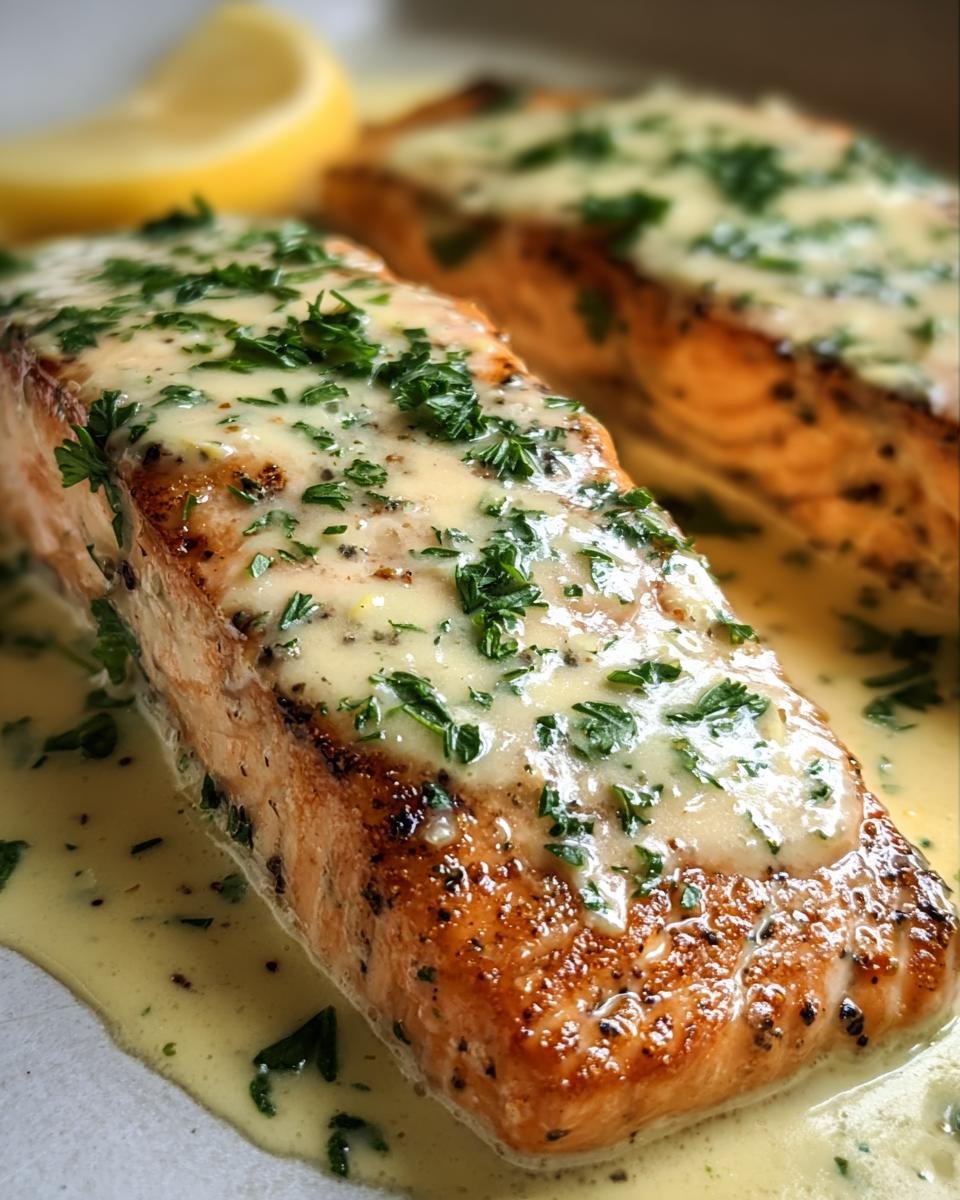 Close-up of Salmon with Lemon Butter Cream Sauce, garnished with parsley and served with a lemon wedge.