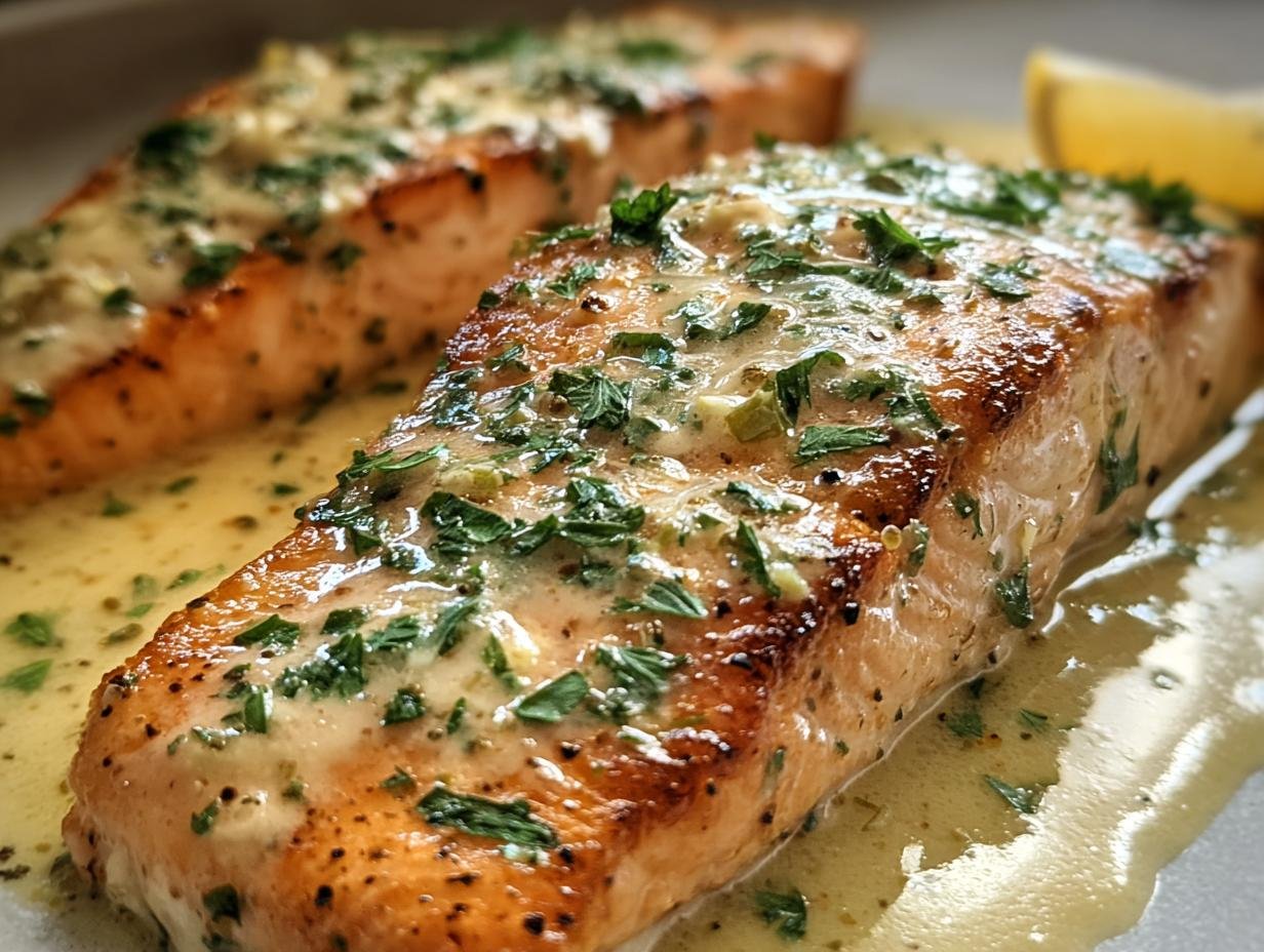 Two fillets of Salmon with Lemon Butter Cream Sauce, garnished with parsley and a lemon wedge.