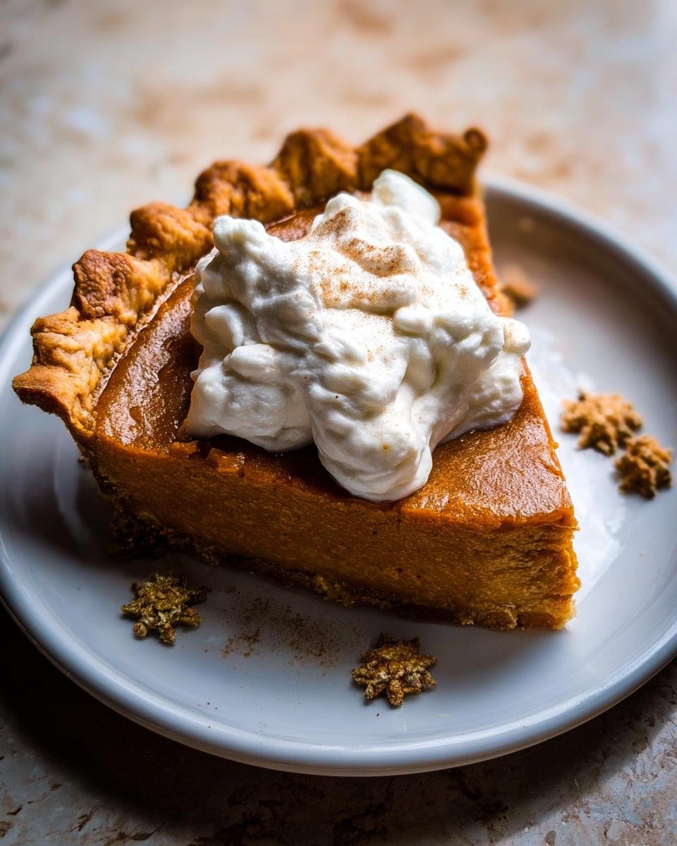 A close-up of a slice of Silky Pumpkin Pie with Maple Cream, topped with whipped cream and cinnamon.