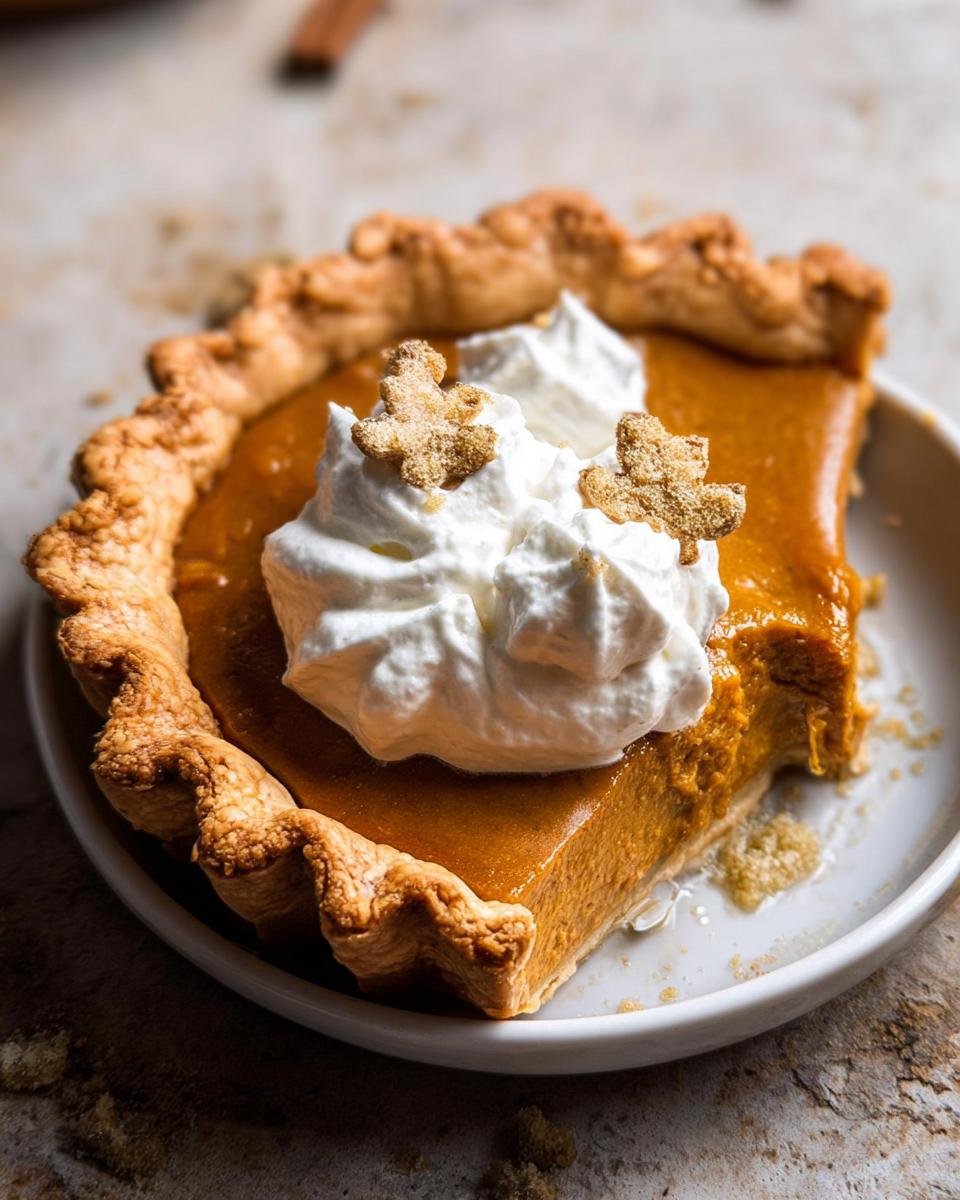 A close-up of a slice of Silky Pumpkin Pie with Maple Cream and decorative leaf sprinkles.