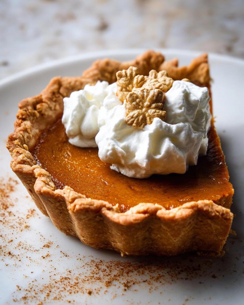 Close-up of a slice of Silky Pumpkin Pie with Maple Cream, topped with whipped cream and snowflake sprinkles.