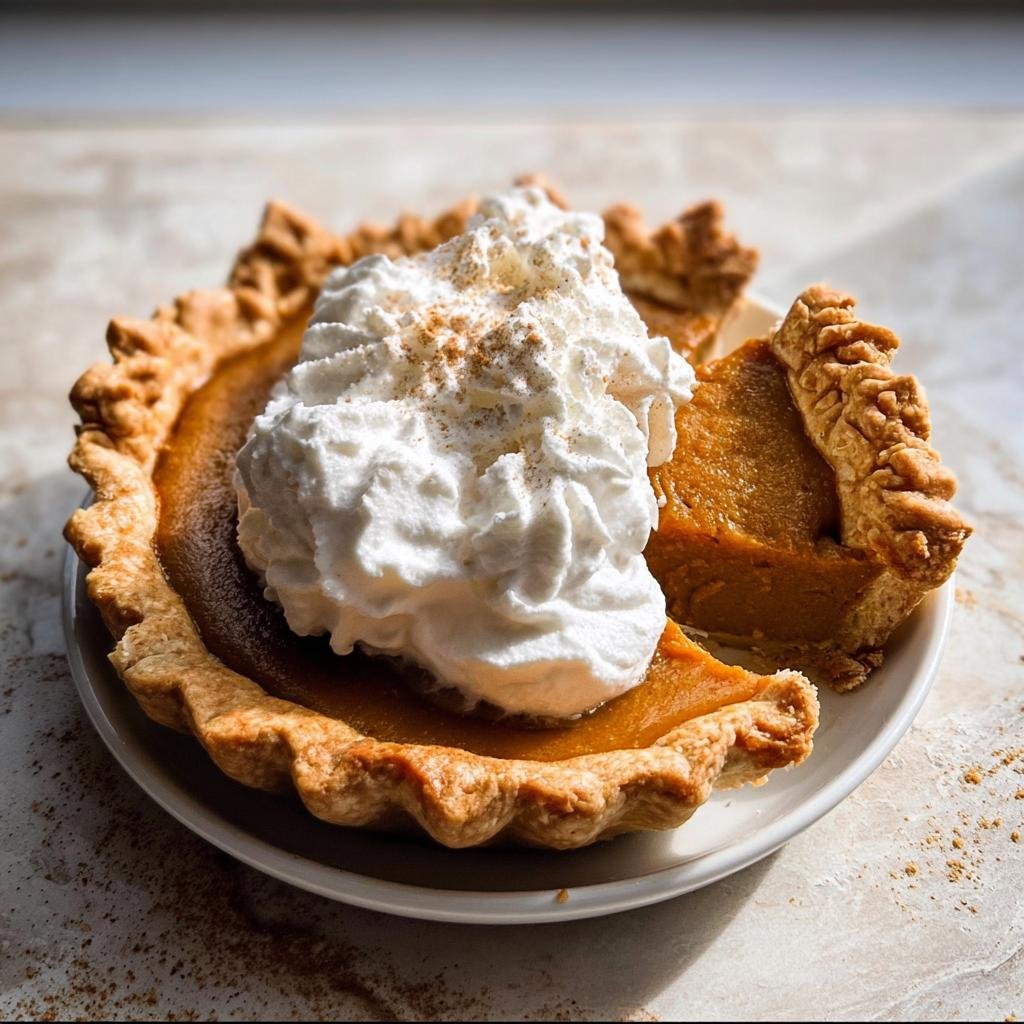 A close-up of Silky Pumpkin Pie with Maple Cream, topped with a large dollop of whipped cream and cinnamon.