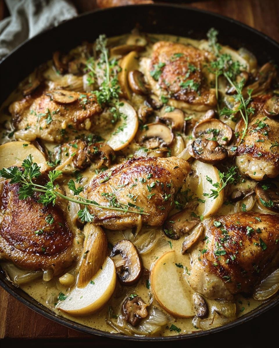 Close-up of seared Chicken Normandy thighs simmering in a creamy sauce with sliced apples, mushrooms, and onions.