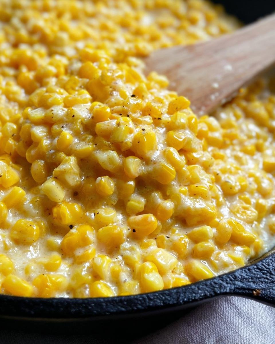 Close-up of bright yellow corn kernels coated in a creamy sauce, seasoned with pepper, in a skillet for Skillet Creamed Corn Super Simple.