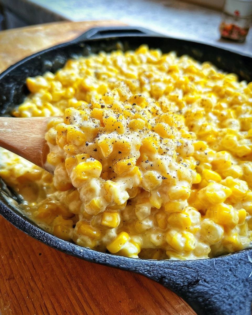 A wooden spoon scoops rich Skillet Creamed Corn Super Simple topped with black pepper from a cast iron pan.