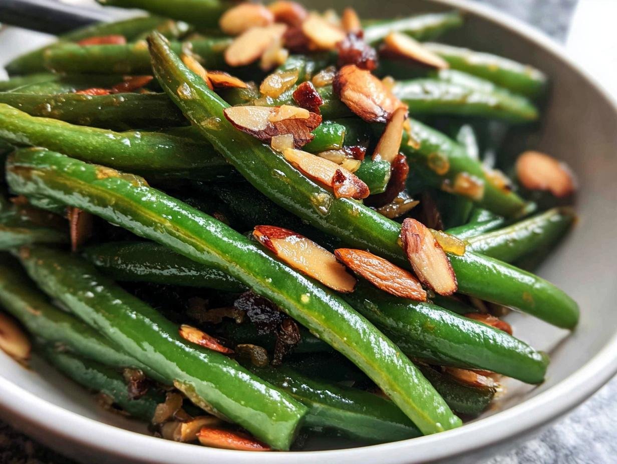 Close-up of bright green Skillet Green Beans with Almonds, glistening and topped with toasted sliced almonds.