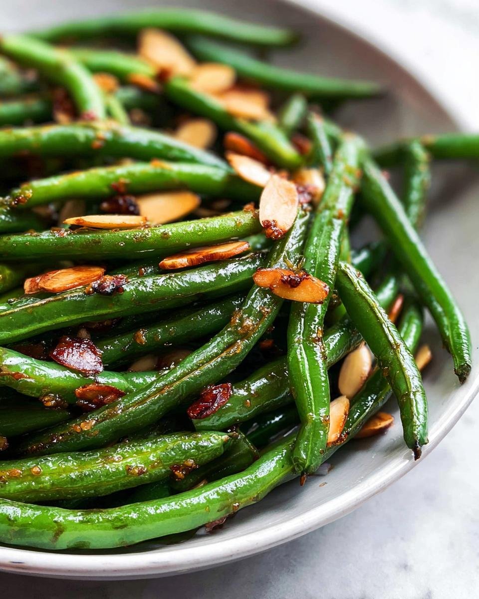 Close-up of vibrant green beans tossed with toasted sliced almonds, ready to serve.