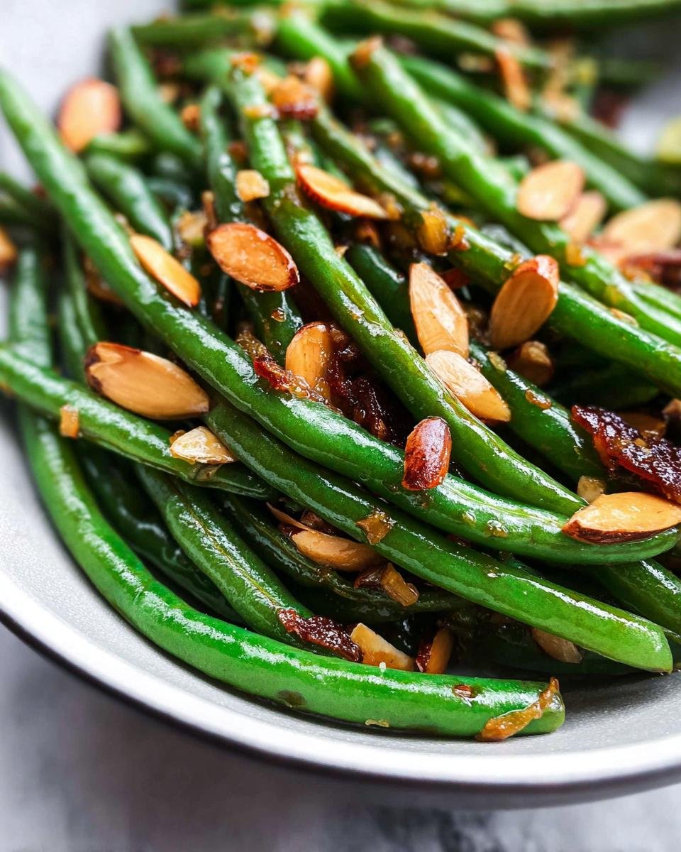 Vibrant close-up of bright green Skillet Green Beans with Almonds and caramelized bits in a white bowl.