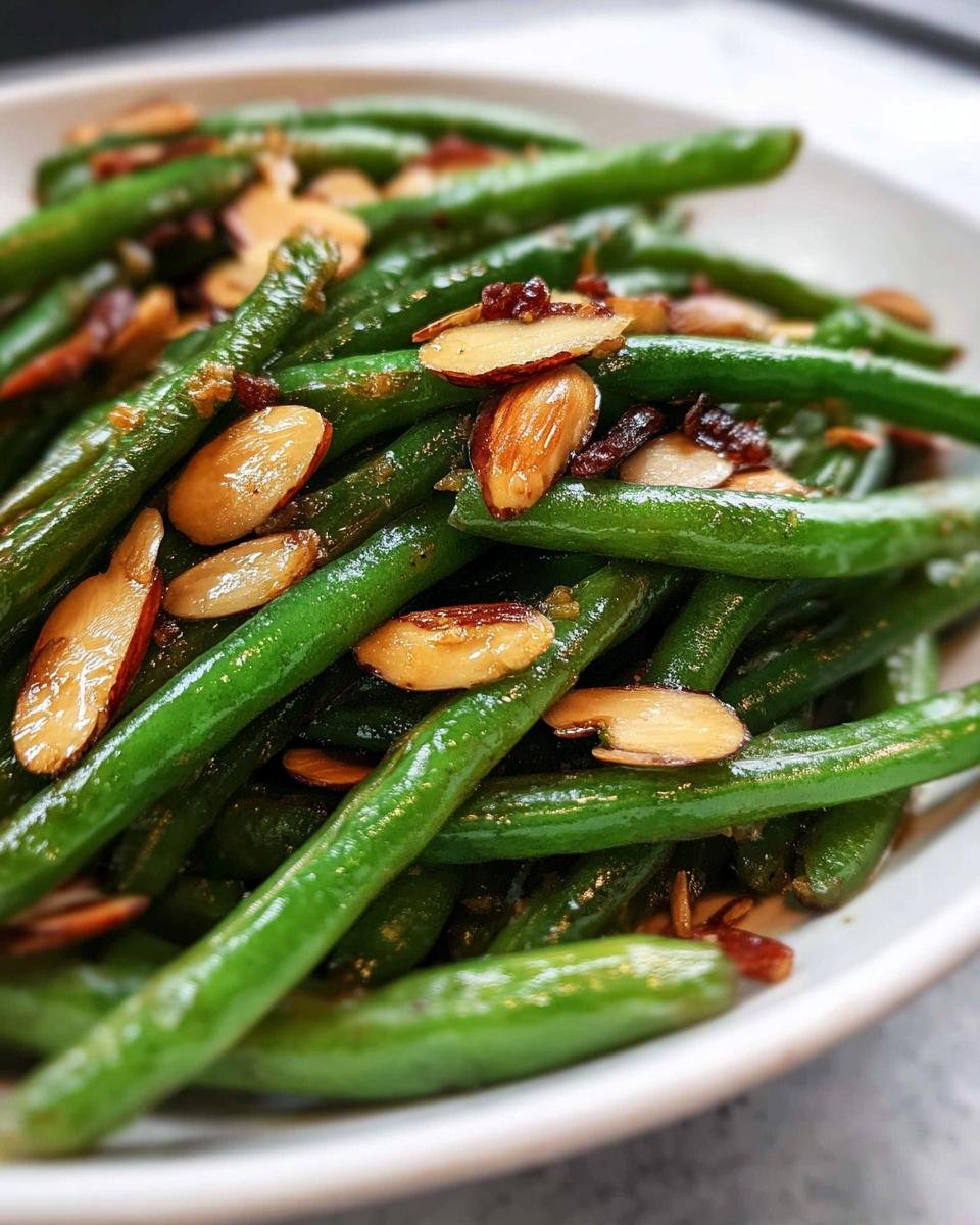 Close-up of bright green, glossy Skillet Green Beans with Almonds served in a white bowl.