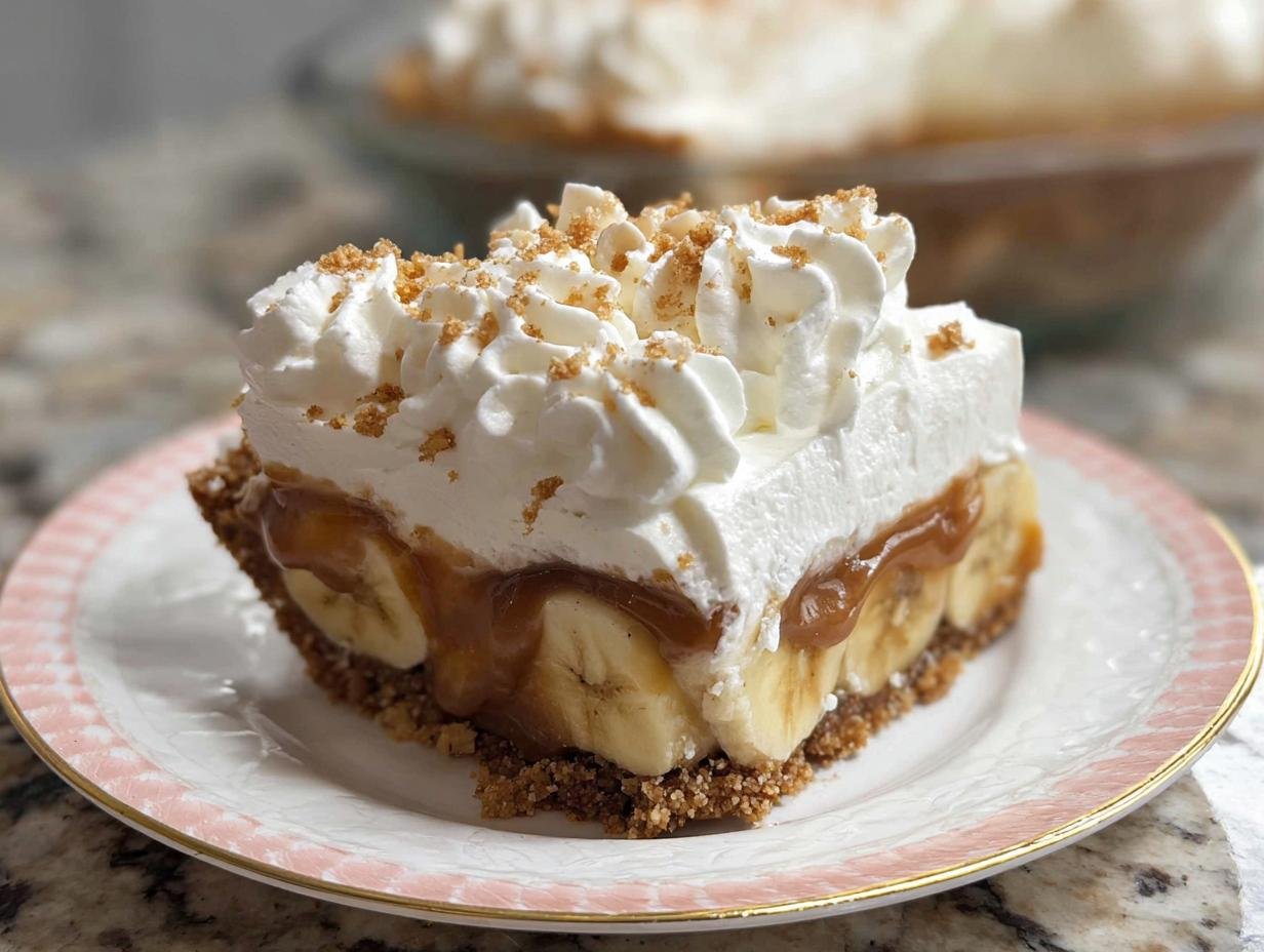 A generous slice of Banoffee Pie with whipped cream, caramel, and banana layers on a decorative plate.