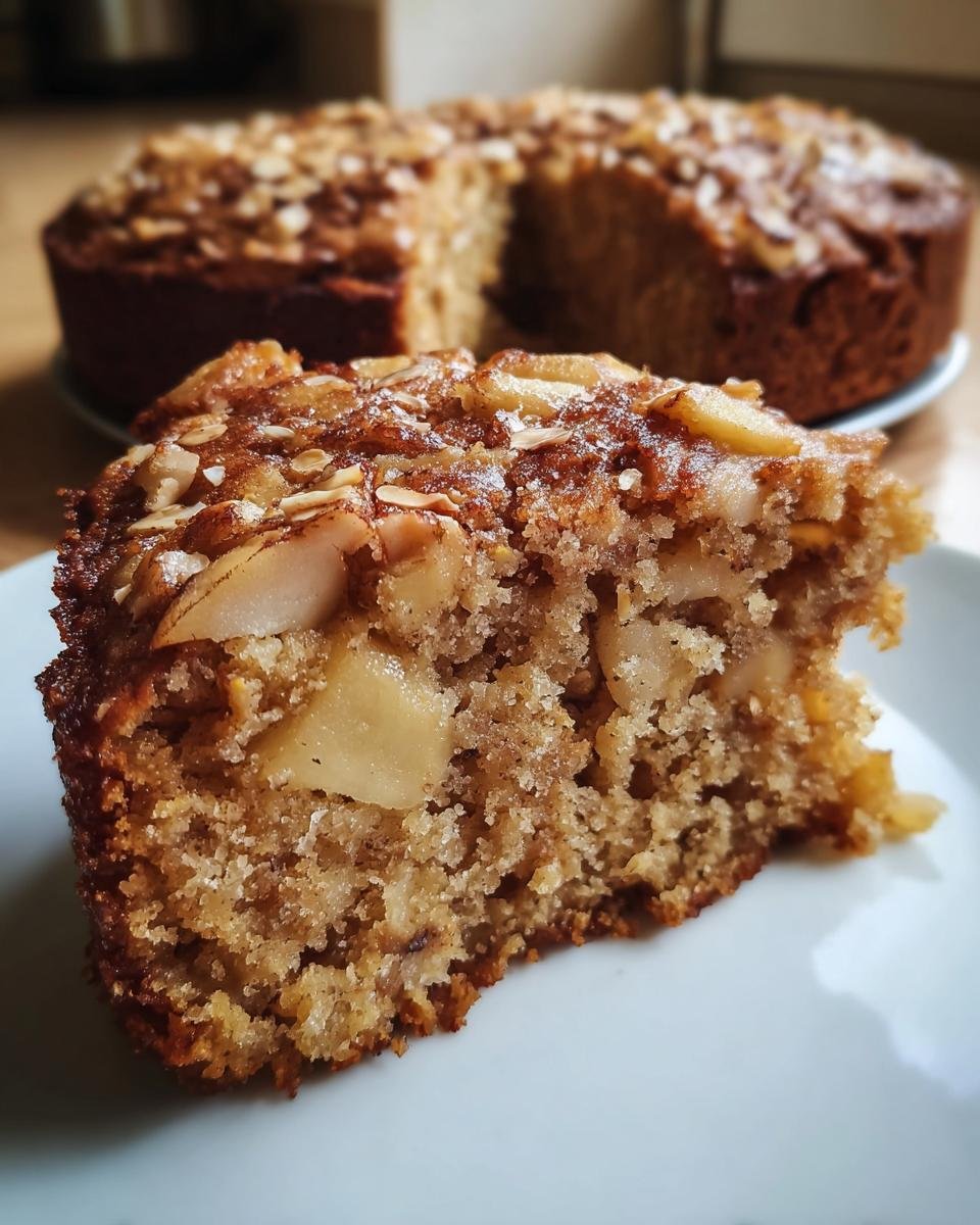Close-up of a moist slice of Oatmeal Apple Cake showing chunks of apple and topped with almonds.