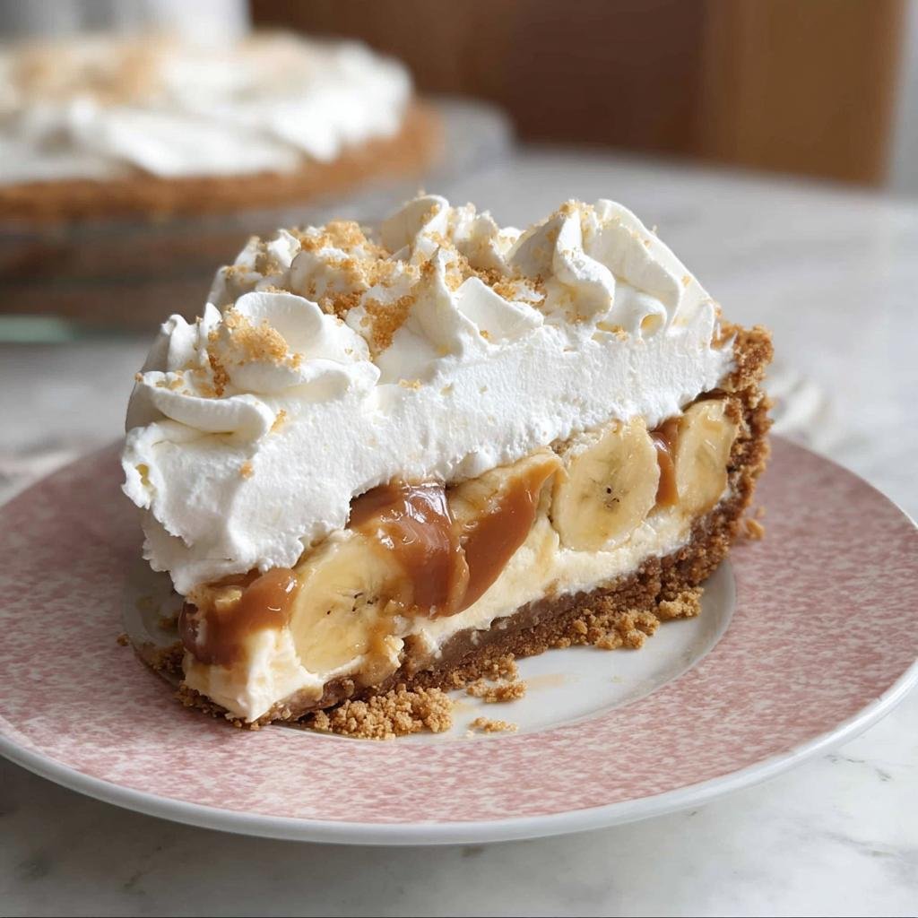 A generous slice of Banoffee Pie with whipped cream, bananas, and caramel filling on a pink plate.