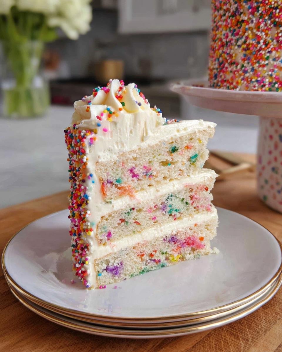 A perfect slice of Rainbow Funfetti Birthday Cake showing three layers filled with colorful sprinkles and white frosting.
